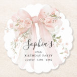 65th Birthday Party Pink Bow with Roses Kartonnen Onderzetters<br><div class="desc">Blush pink watercolor coquette bow is decorated with roses and sage green greenery.</div>