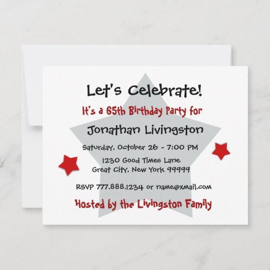 65th Birthday Party RED Stars Sjabloon V2 Kaart (Achterkant)