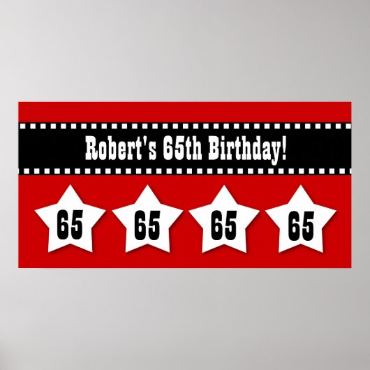 65th Birthday Red Black White Stars Banner V65S Poster (Voorkant)