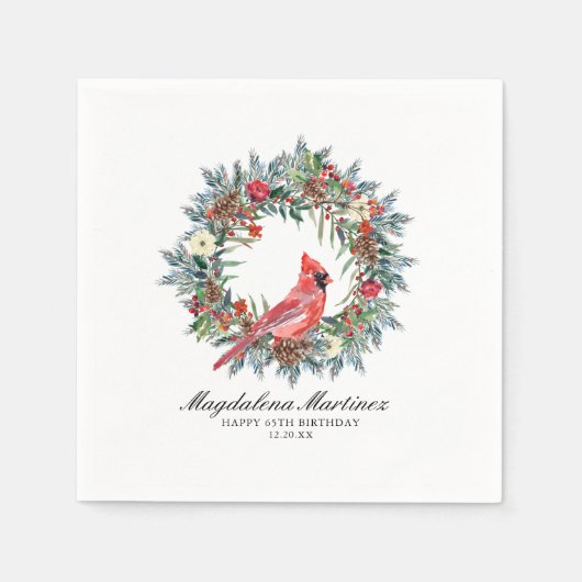 65th Birthday Red Cardinal Wreath Custom Cocktail Servet (Voorkant)