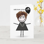 65th Birthday Stick Figuur Girl met ballon Kaart (Gele Bloem)