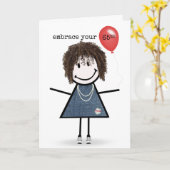 65th Birthday Stick Figuur Girl met rode ballon Kaart (Gele Bloem)