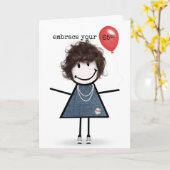 65th Birthday Stick Figuur Girl met rode ballon Kaart (Gele Bloem)