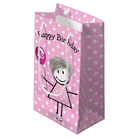 65th Birthday Stick Girl met roze ballon Klein Cadeauzakje (Voorkant Gekanteld)