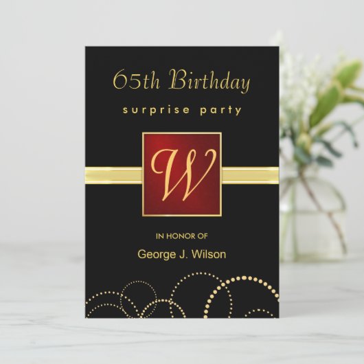 65th Birthday Surprise Party - Elegant Monogram Kaart (Staand voorkant)