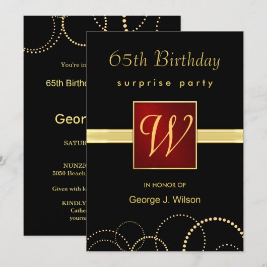 65th Birthday Surprise Party - Elegant Monogram Kaart (Voorkant / Achterkant)