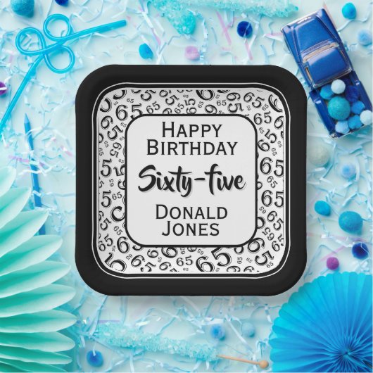 65th Party Random Number Pattern Black/White Papieren Bordje (Feest)