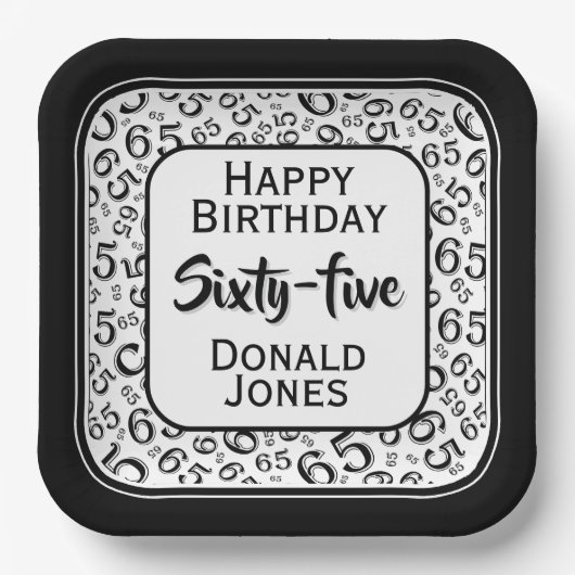 65th Party Random Number Pattern Black/White Papieren Bordje (Voorkant)