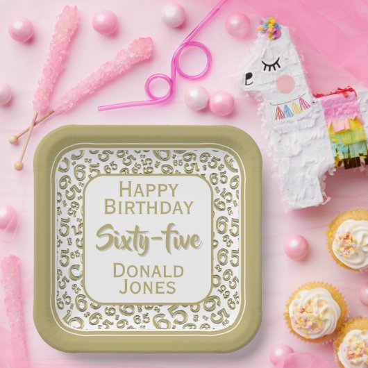 65th Party Random Number Pattern Gold/White Papieren Bordje (Feest)