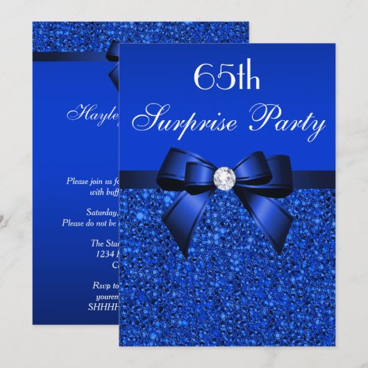 65th Surprise Party Royal Blue Sequins en boog Kaart (Voorkant / Achterkant)