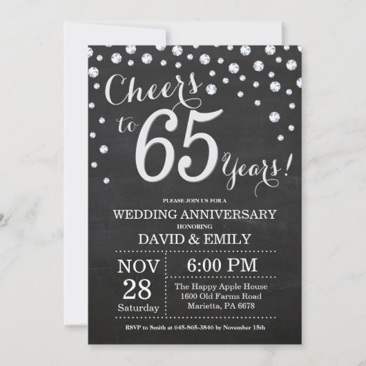 65th Wedding Jubileum Chalkboard Black Silver Kaart (Voorkant)