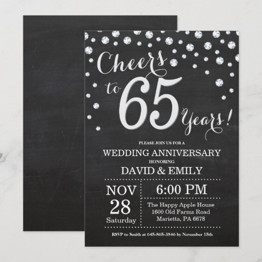 65th Wedding Jubileum Chalkboard Black Silver Kaart (Voorkant / Achterkant)