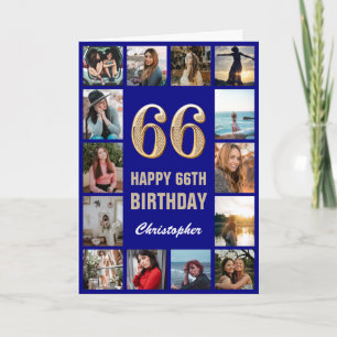 66e Happy Birthday Navy Blue & Gold Photo Collage Kaart