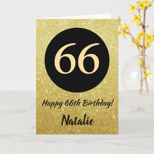 66e Happy Birthday Zwart en Goud Glitter Kaart (Gele Bloem)