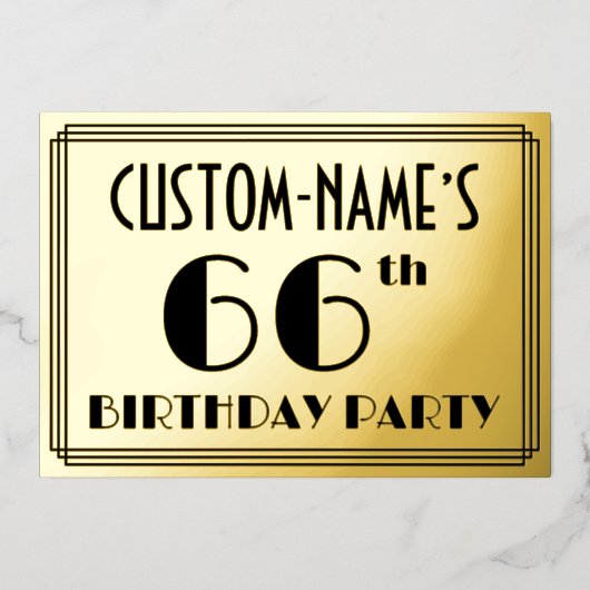66e verjaardag — Art Deco look "66" + naam Folie Uitnodiging (Voorkant)
