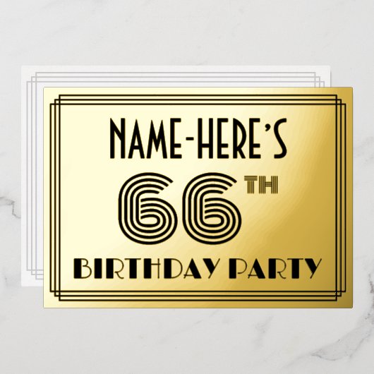 66e verjaardag — Art Deco Style "66" en naam Folie Uitnodiging (Voorkant / Achterkant)
