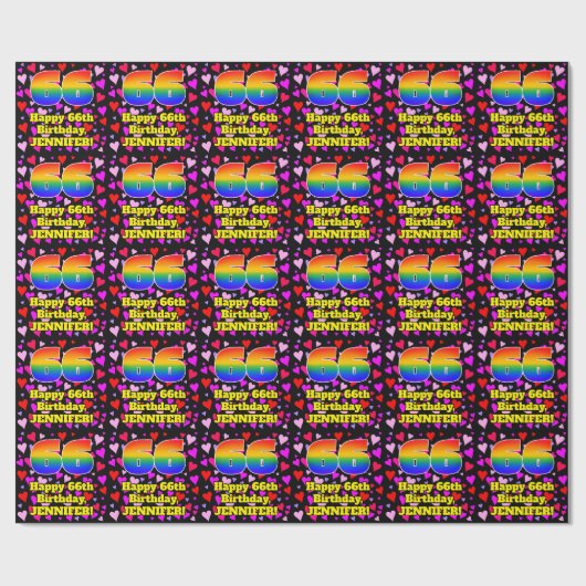 66e verjaardag: Beeldende hartenpatronen, regenboo Cadeaupapier (Vlak)