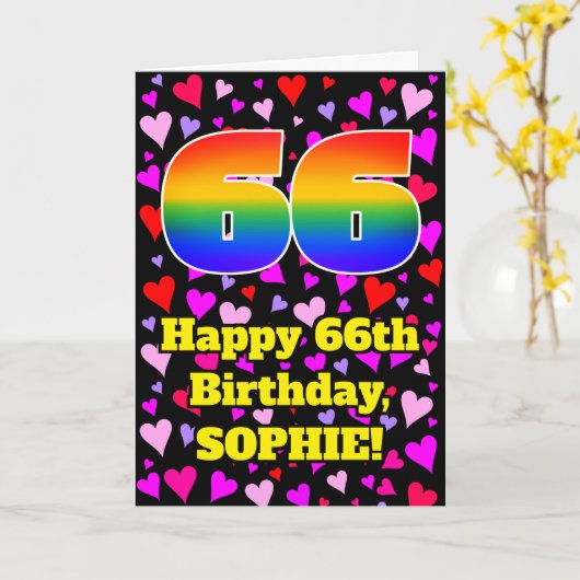 66e verjaardag: Beeldende hartenpatronen, regenboo Kaart (Gele Bloem)