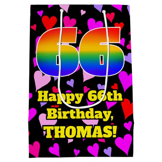 66e verjaardag: Beeldende hartenpatronen, regenboo Medium Cadeauzakje (Achterkant)