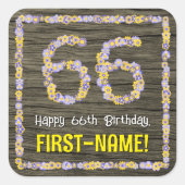 66e verjaardag: Bloemennummer, Faux Wood Look, Naa Vierkante Sticker (Voorkant)