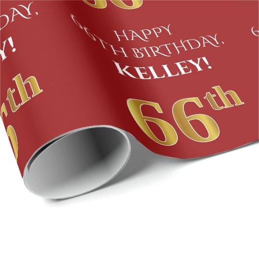 66e verjaardag: Elegant, rood, Faux Gold Kijk Cadeaupapier (Rol Hoek)