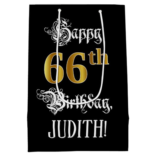 66e verjaardag ~ Fancy script; Faux Gold look; naa Medium Cadeauzakje (Achterkant)