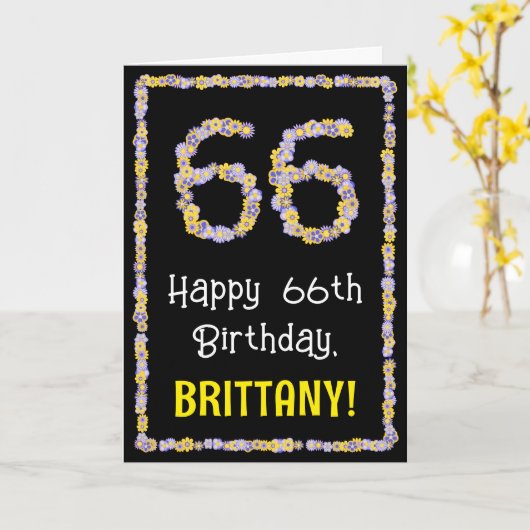66e verjaardag: Floral Flowers Number, Custom Name Kaart (Gele Bloem)