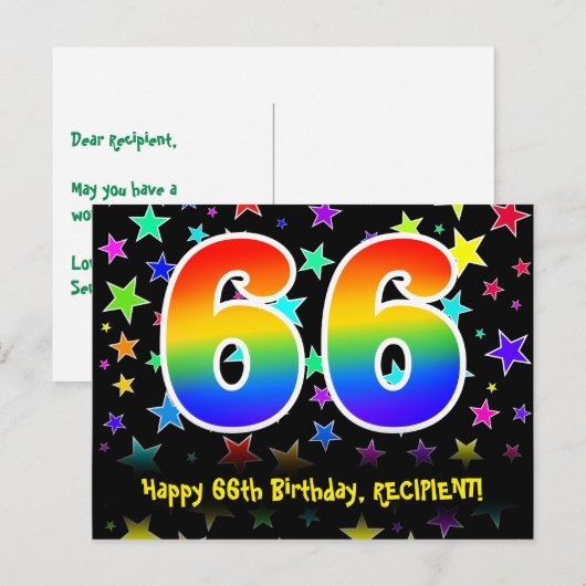 66e verjaardag: Fun Stars Pattern, Rainbow 66, Naa Briefkaart (Voorkant / Achterkant)