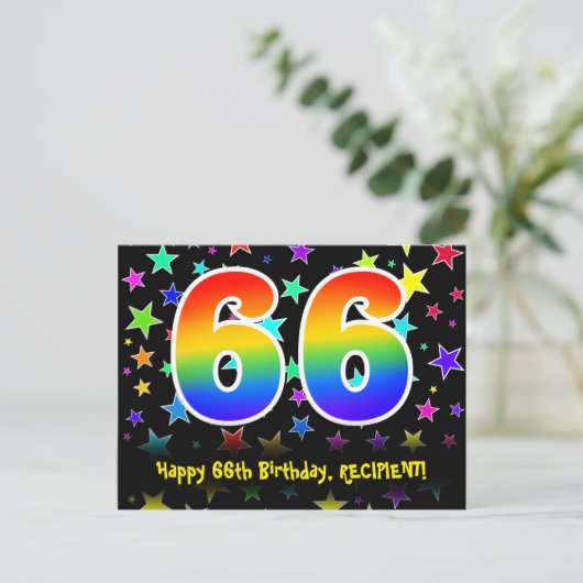 66e verjaardag: Fun Stars Pattern, Rainbow 66, Naa Briefkaart (Staand voorkant)