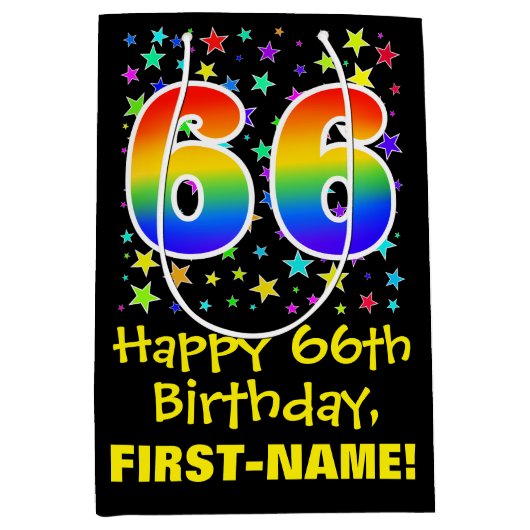 66e verjaardag: kleurrijk sterrenpatroon en regenb medium cadeauzakje (Voorkant)