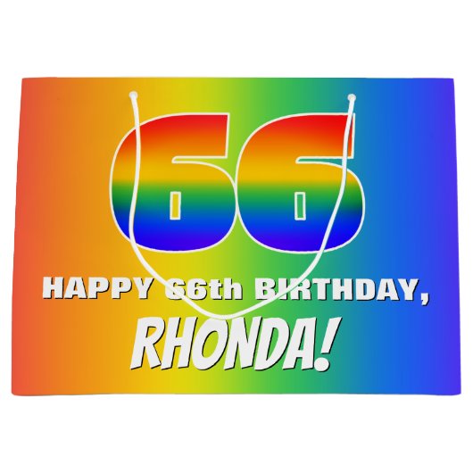 66e verjaardag: kleurrijk, vun regenboogpatroon # groot cadeauzakje (Voorkant)
