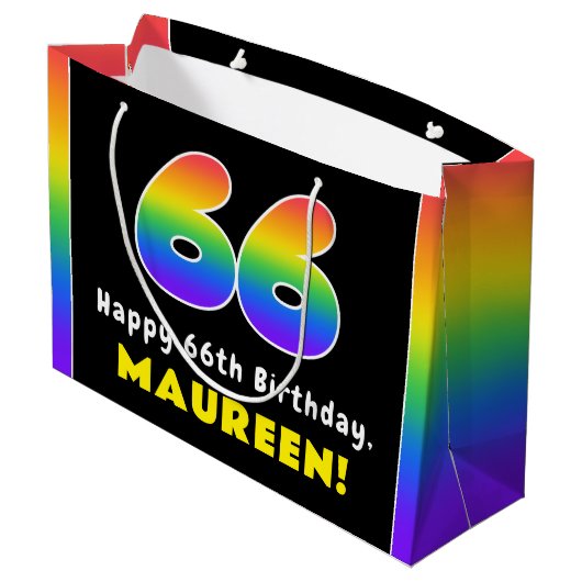 66e verjaardag: kleurrijke regenboog # 66, aangepa groot cadeauzakje (Achterkant Gekanteld)