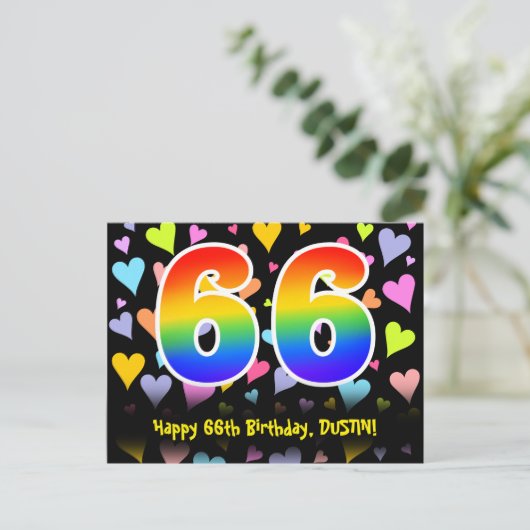 66e verjaardag: Leuk hartenpatroon, Regenboog 66 Briefkaart (Staand voorkant)