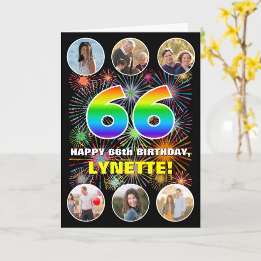 66e verjaardag: Leuke regenboog #, Aangepaste naam Kaart (Gele Bloem)