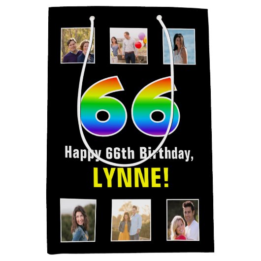 66e verjaardag: Regenboog "66", aangepaste foto's Medium Cadeauzakje (Voorkant)