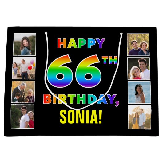 66e Verjaardag: Regenboogtekst, Aangepaste foto's  Groot Cadeauzakje (Voorkant)