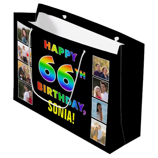 66e Verjaardag: Regenboogtekst, Aangepaste foto's  Groot Cadeauzakje (Voorkant Gekanteld)