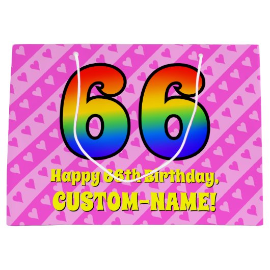 66e verjaardag: roze strips & harten, regenboognr. groot cadeauzakje (Voorkant)