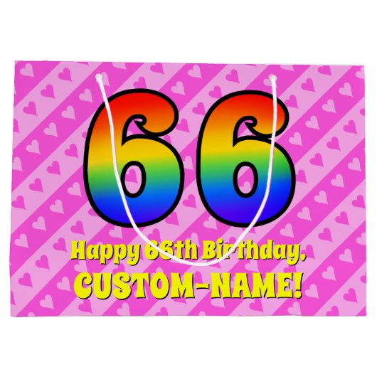 66e verjaardag: roze strips & harten, regenboognr. groot cadeauzakje (Achterkant)