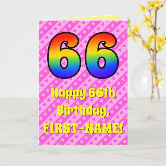66e verjaardag: roze strips & harten, regenboognr. kaart (Gele Bloem)
