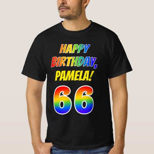 66e verjaardag — vet, leuk, regenboog 66, aangepas t-shirt (Voorkant)