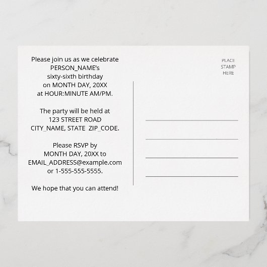 66e verjaardag: Vette, kleurrijke Fireworks-look Folie Uitnodiging Briefkaart (Achterkant)