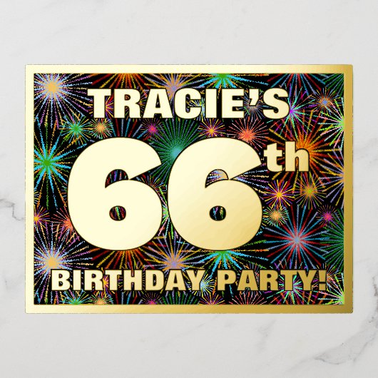 66e verjaardag: Vette, kleurrijke Fireworks-look Folie Uitnodiging Briefkaart (Voorkant)