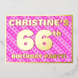 66e verjaardag — vuurroze harten en strips folie uitnodiging