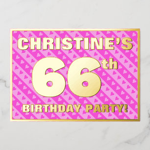 66e verjaardag — vuurroze harten en strips folie uitnodiging