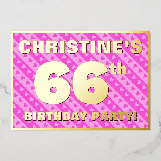 66e verjaardag — vuurroze harten en strips folie uitnodiging (Voorkant)