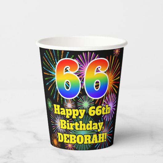 66e verjaardag: Vuurwerk Fun Pattern + Regenboog 6 Papieren Bekers (Achterkant)
