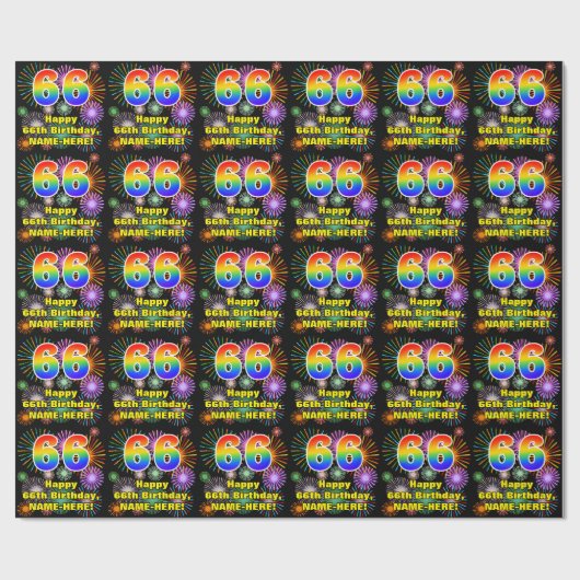 66e verjaardag: vuurwerk, regenboogblik # "66" cadeaupapier (Vlak)