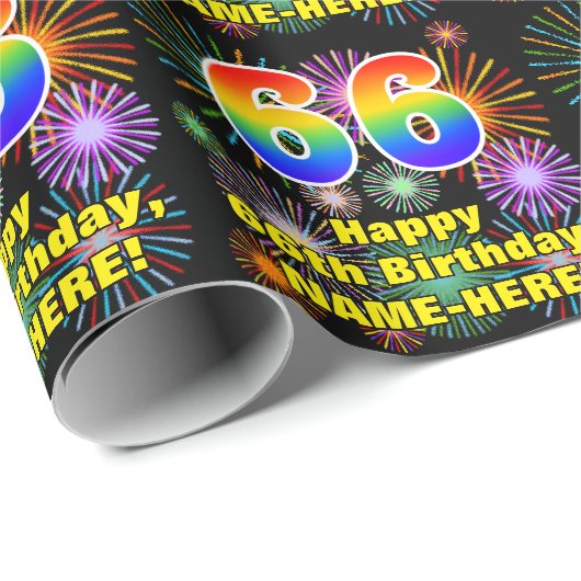 66e verjaardag: vuurwerk, regenboogblik # "66" cadeaupapier (Rol Hoek)
