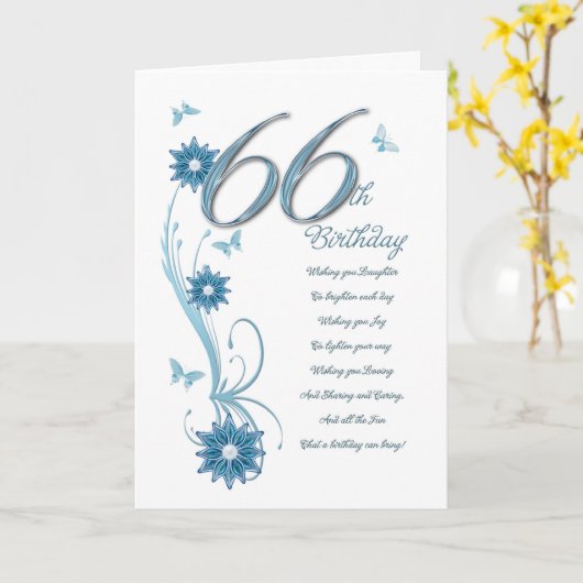 66ste verjaardag in wintertaling met bloemen en kaart (Gele Bloem)